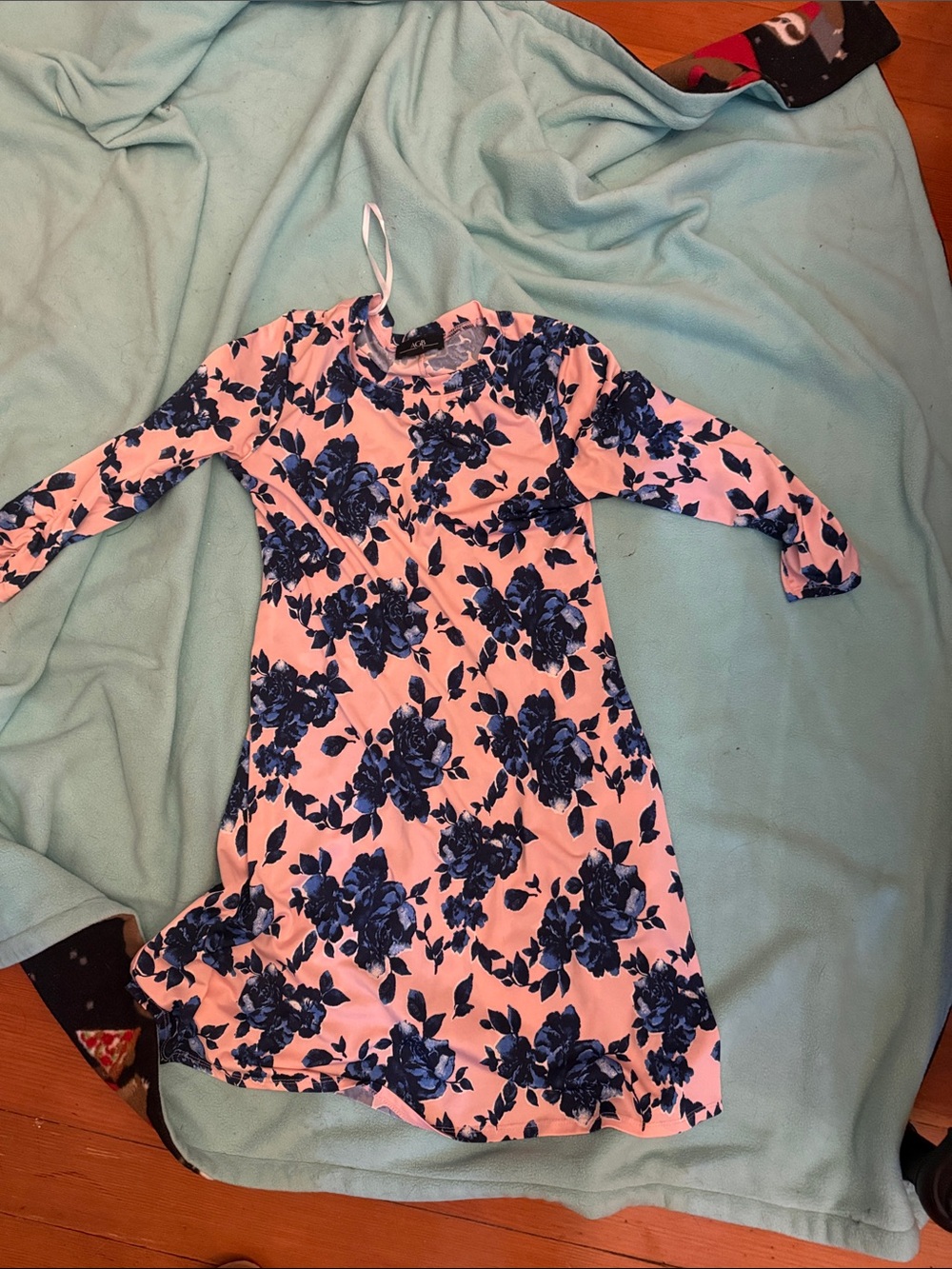 Pink Dress with Navy Blue Floral Print - Casual Long Sleeve with pockets